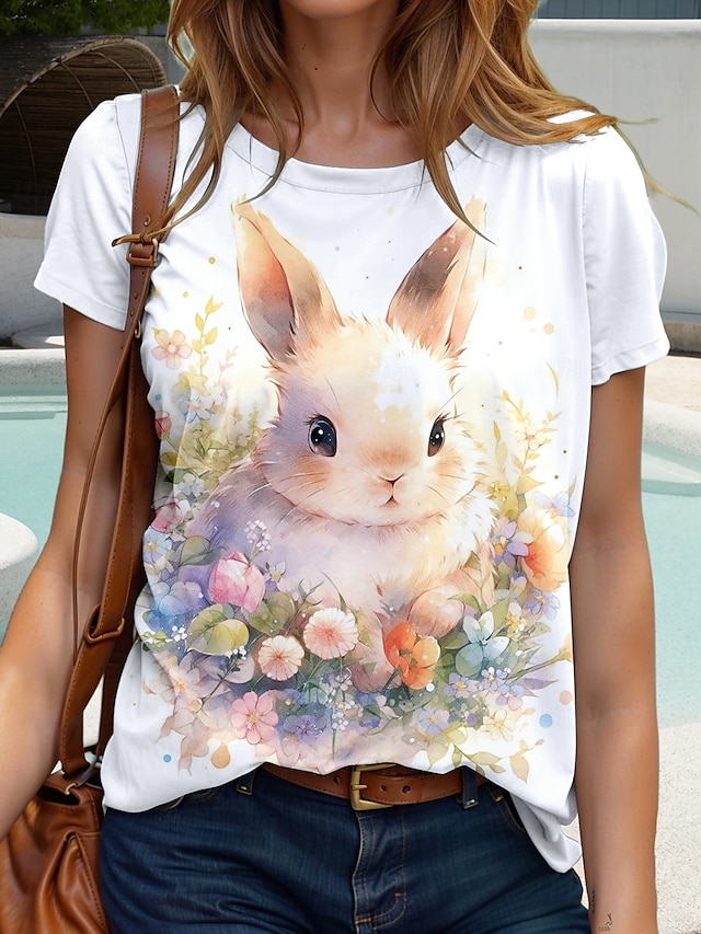  Paște Pentru femei Tricou Grafic Animal Stilat Casual Manșon scurt Rotund Topuri obișnuite Zilnic Sfârșit de săptămână Imprimeu Alb Vară Primăvară