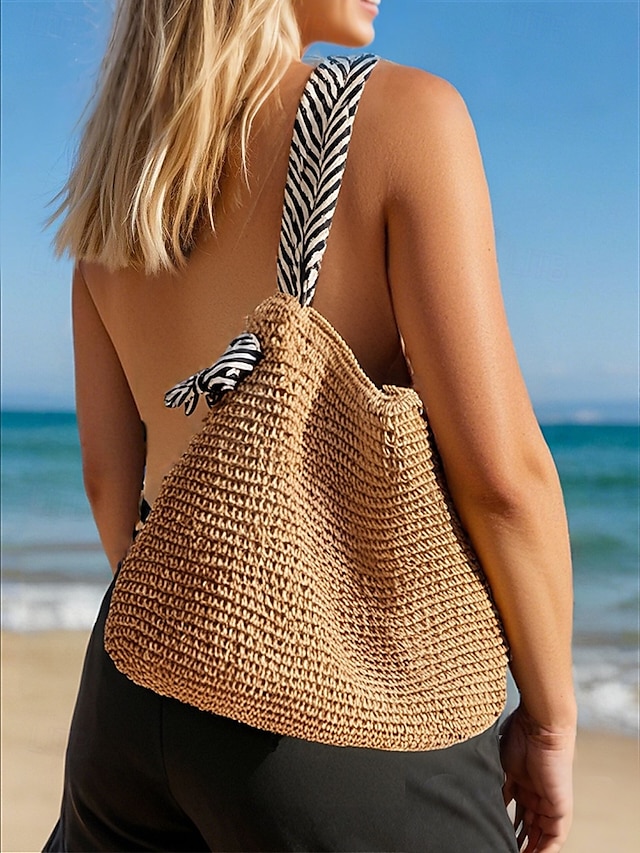  Damen-Umhängetasche aus gewebtem Stroh – Strandtasche im Boho-Chic-Stil mit Riemen im Zebramuster, leichte Sommerhandtasche für Reisen, Urlaub und Freizeitausflüge