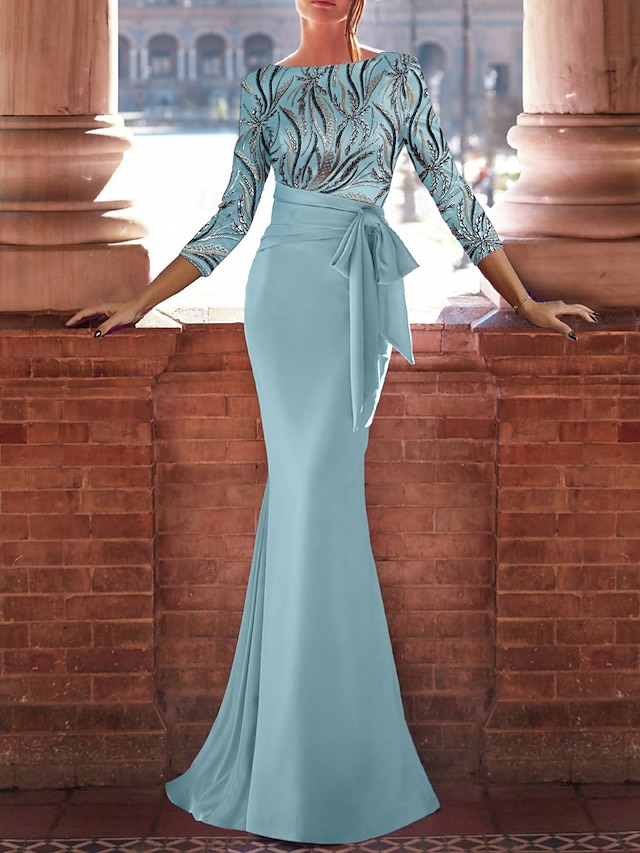 Sky Blue Mermaid / Trumpet Evening Gown Celebrity Style Dress Formal Wedding Guest Floor Length 3/4 Length Sleeve Boat Neck Satin with Bow(s) Beaded Gown