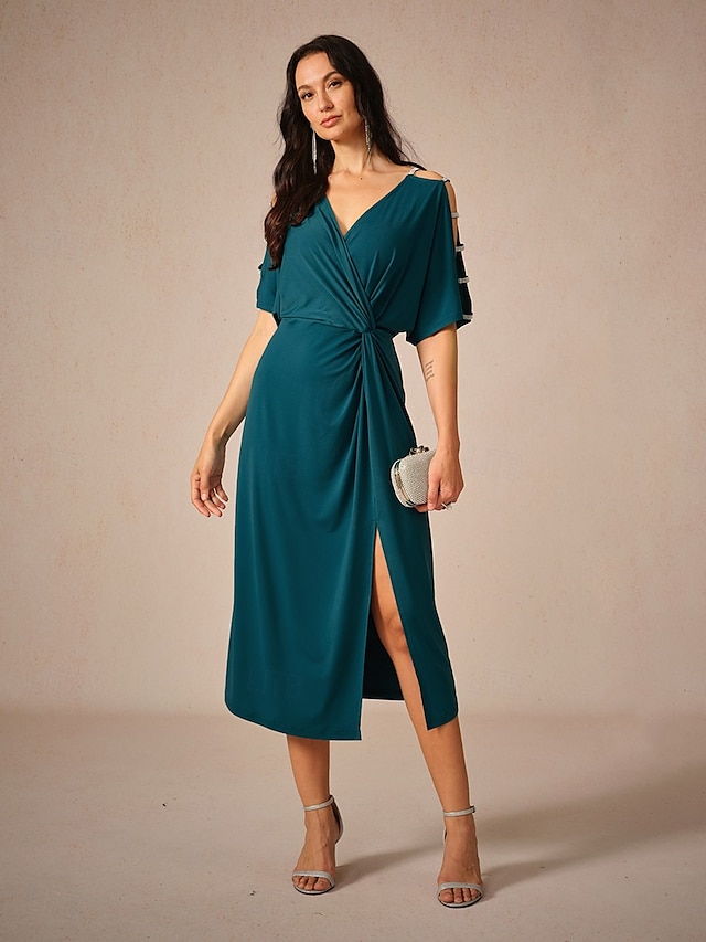  Femme Robe mi-longue Robe en maille Elégant mode Soirée Rendez-vous Standard Couleur unie Manche Courte Col V Bleu Encre Eté