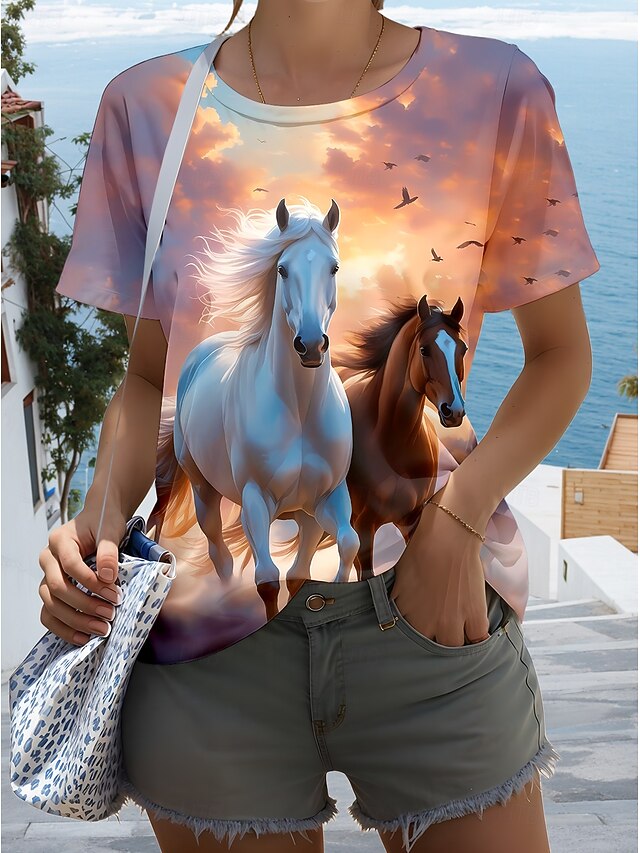 Kentucky Derby Women's T Shirt Graphic Animal Horse Stylish Casual Short Sleeve Round Neck Regular Tops Daily Weekend Print Rainbow Summer Spring4