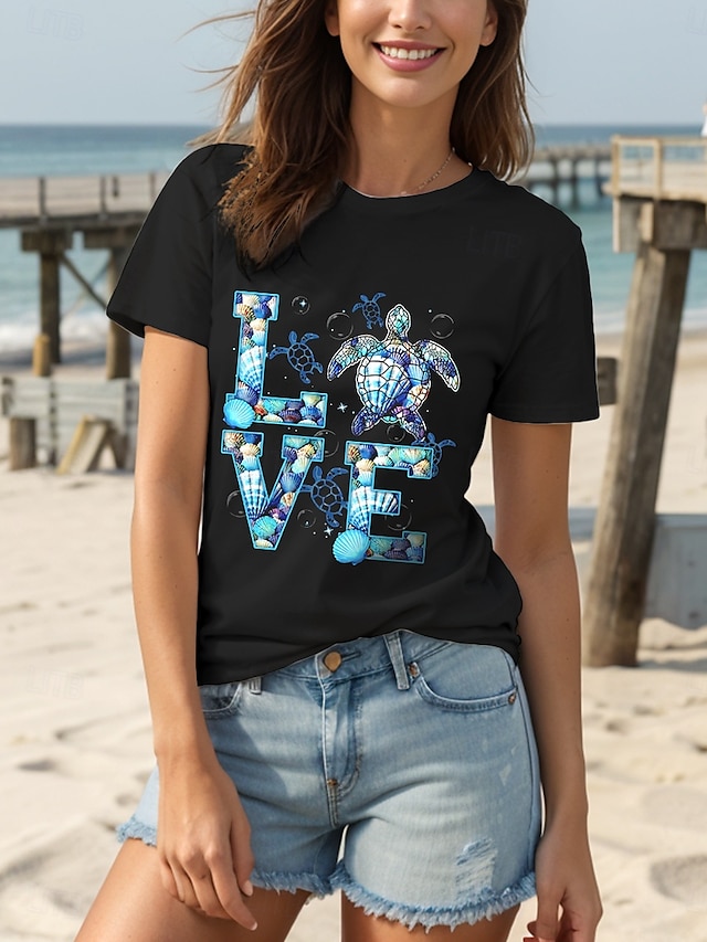  Women's T Shirt Cotton Shirt Graphic Animal Ocean Casual Short Sleeve Round Neck Regular Tops Daily Print Black Green Summer
