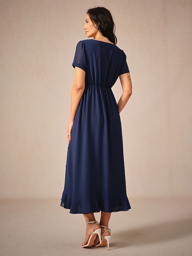  Damen Maxidress A Linie Kleid Elegant Ausgefallene Hochzeit kleid hochzeitsgast Lockere Passform Feste Farbe Kurzarm Asymmetrisch V Ausschnitt Marineblau Sommer Frühling