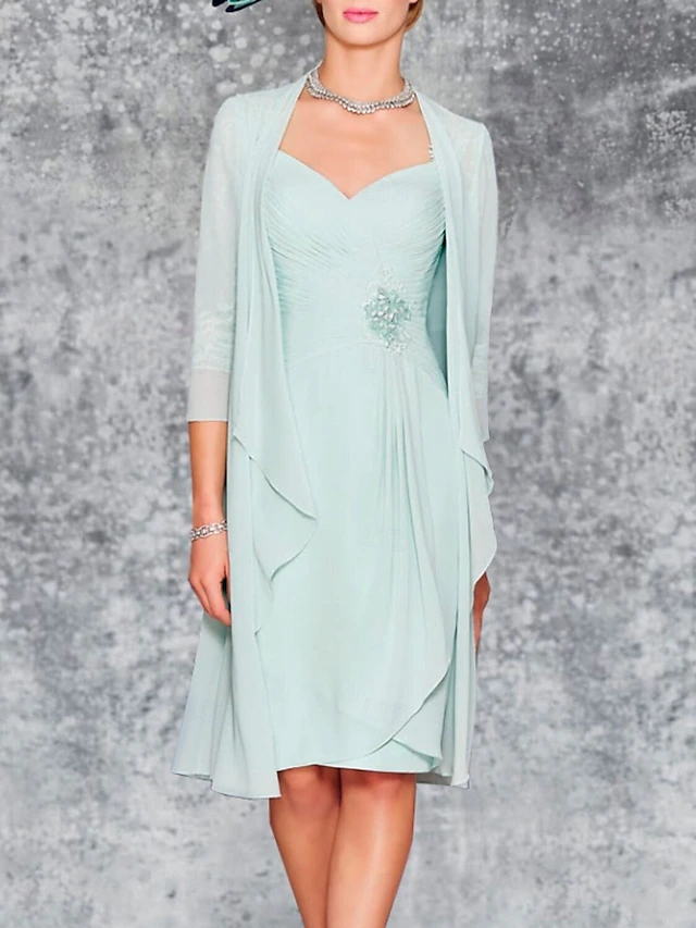 Beach Wedding Two Piece Sheath Mother of the Bride Dress Wedding Guest Elegant Plus Size Sweetheart Knee Length Chiffon Lace 3/4 Length Sleeve Wrap Included Jacket Dresses with Pleats Embroidery 13