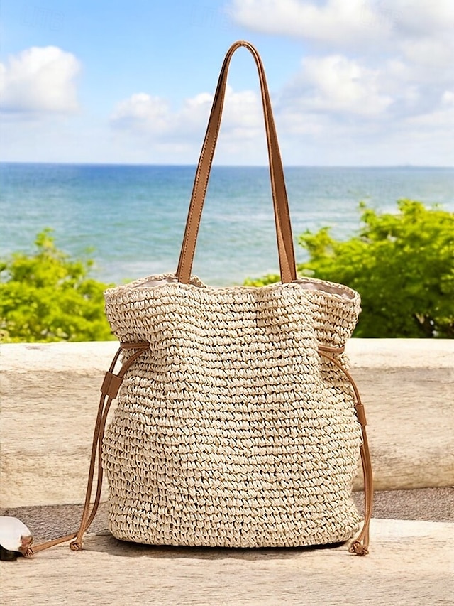  ręcznie tkana słomiana torba typu bucket – torba na ramię ze ściągaczem boho, lekka letnia torebka plażowa dla kobiet, swobodny dodatek na wakacje i podróż w kolorze beżowym, kawowym