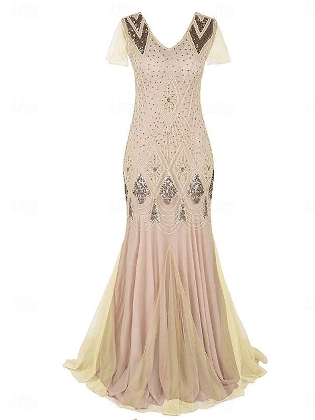  Robe Robe de Mère de Mariée  Élégant ancien Fête Col en V Longueur au sol Polyester Manche Courte avec Paillettes 2025