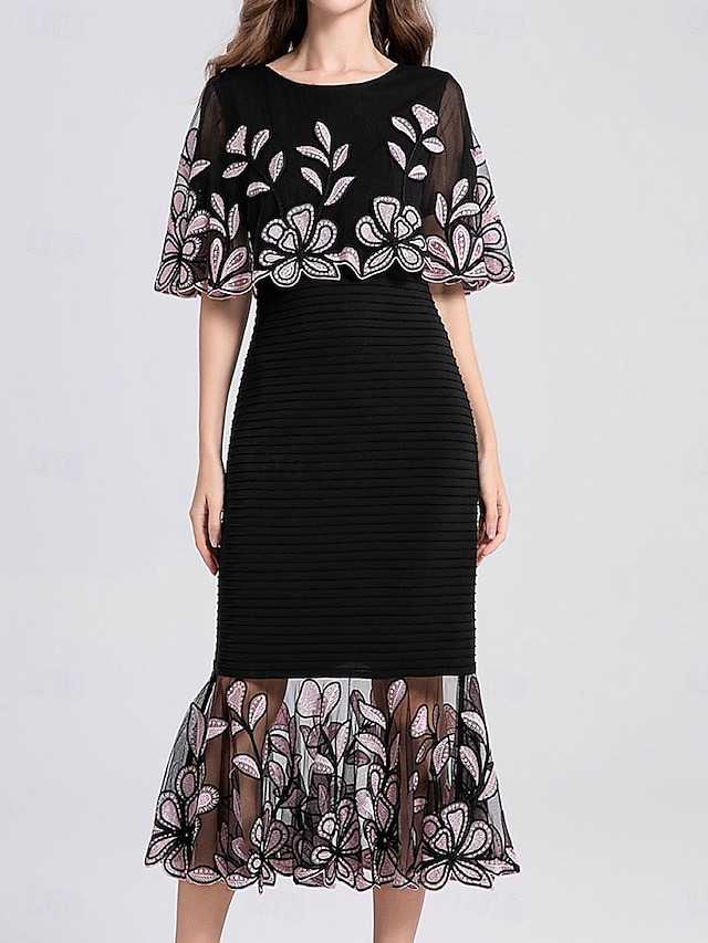  Robe Mère de la Mariée Élégante Fête Col Arrondi Longueur Sol Cotonnage Manches Courtes avec Broderie Robe Midi 2025