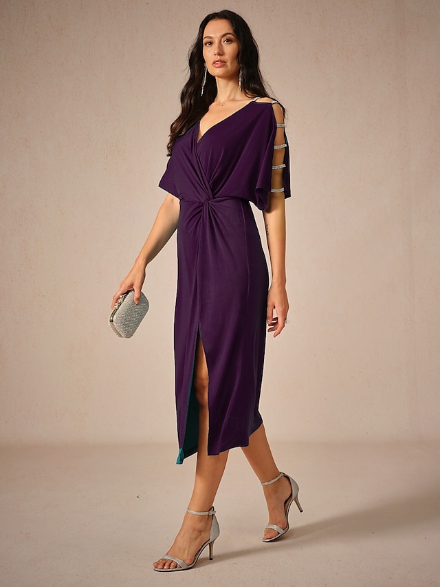  Femme Robe mi-longue Robe en maille Elégant mode Soirée Rendez-vous Standard Couleur unie Manche Courte Col V Aubergine Eté
