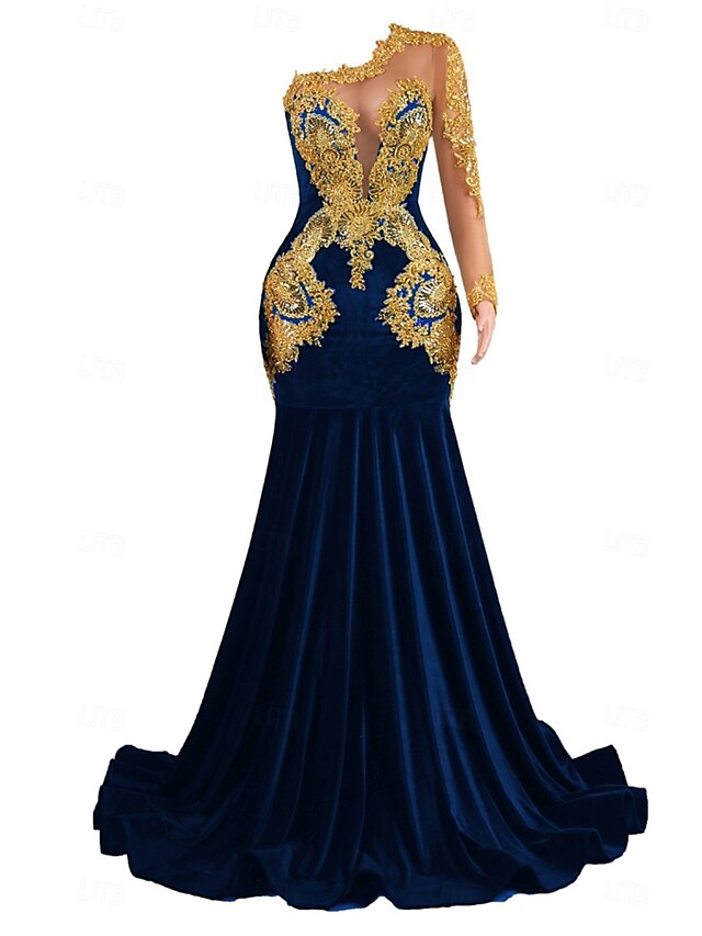  Zeemeermin  Trompet Avondjurk Elegante Jurk Formele Prom Hofaak Lange Mouw Eén Schouder Fluwel met Parel Applicaties