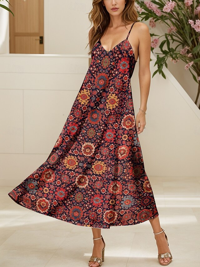  Mujer Vestido maxi Vestido de verano Vestido de una línea Vestido lencero Casual Playa Ajuste regular Graphic Cosecha Bohemio Sin Mangas Escote en Pico Correa de espagueti Vino Verano Primavera