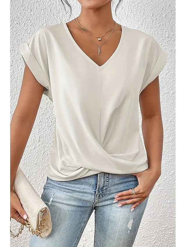 Damen Bluse Einfach Modern Lässig Kurzarm V Ausschnitt Normale Oberteile Täglich Ausgehen Gerafft Erröten Sie Rosa Schwarz Weiß Wein Sommer