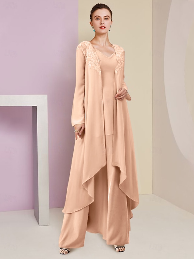  Macacão/Pantalona para Casamento na Praia 3 Peças Mãe da Noiva Convidada de Casamento Formal Elegante Decote V Comprimento até o Chão Chiffon Renda Sem Mangas Envolvente Inclusa com Apliques de