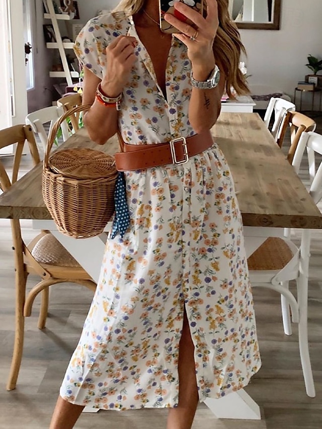  Femme Robe mi-longue Robe chemise Robe imprimée Classique Vacances du quotidien Standard Fleur Sans Manches Col V Jaune Eté