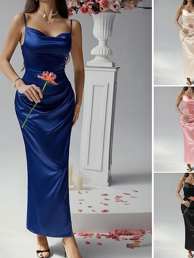  Women's Long Dress Maxi Dress Prom Dress Party Dress Satin Dress Elegant Mature Elegant Dress Wedding Party Wedding Guest Regular Fit Plain Sleeveless Spaghetti Strap Black Champagne Pink Blue Summer