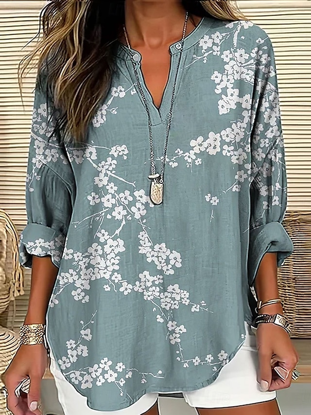  Mujer Camisa Floral Graphic Vintage Tropical Hawaiano Manga Larga Escote en Pico Tops regulares Diario Festivos Ropa de playa Estampado Rosa Azul Marino Azul Piscina Verde Trébol Caqui Verano