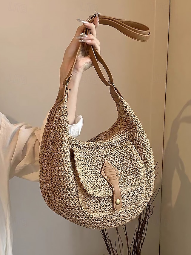  női nagy kapacitású, kézzel készített szalmából készült nyeregtáska válltáska - bohém crossbody táska elülső zsebbel, nyári strandtáska, alkalmi utazótáska nyaraláshoz, vásárláshoz és mindennapi használatra