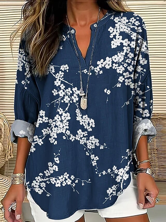 Chemise Tunique INC Bleu Clair Motif Floral - Taille L, Manches 3/4, Occasion Très Bon état
