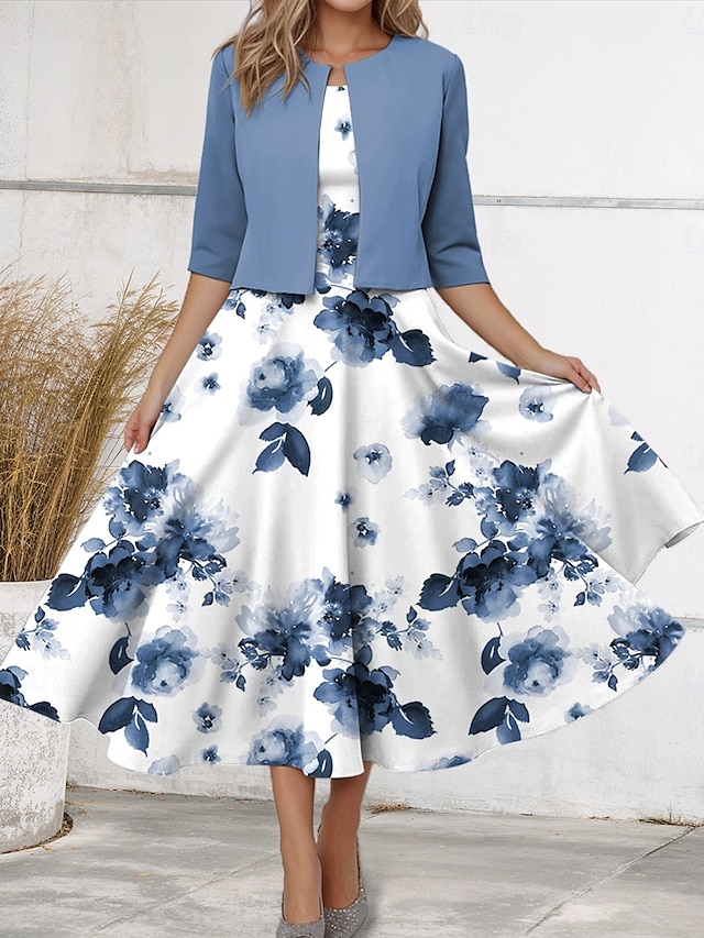  Set Rochie pentru Femei Rochie Midi Rochie A Line Rochie de Vară Casual Imprimeu Floral Mâneci Jumătate Decolteu Crew Vacanță Întâlnire Roz Albastru Mov Vară Primăvară Ajustare Regulată