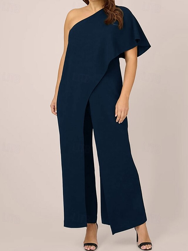  Jumpsuit Mor til bruden Elegant Enkel Minimalistisk En Skulder Gulvlengde Krepp Korte Ermer med Volanger