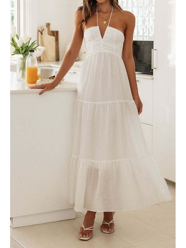  Pentru femei Rochii Midi Rochie albă Rochie de absolvire Modă Concediu Absolvire Ieșire Fit regulat Simplu Fără manșon În V Alb Vară