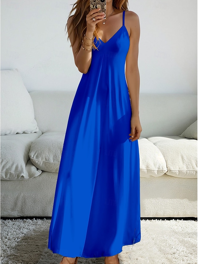  Damen Maxi Kleid Sommerkleid A-Linie Kleid Nachtkleid Urlaub Lässig Urlaub Alltag Strand Regelmäßige Passform Einfarbig Grafik Einfach Ärmellos V-Ausschnitt Schwarz Weiß Gelb Wein Sommer Frühling