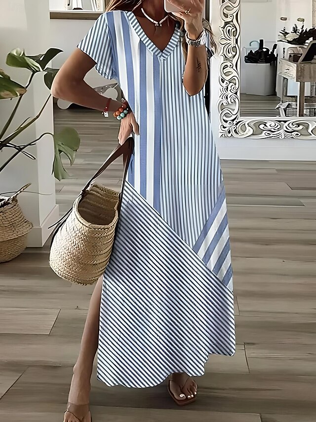 Women's Midi Dress Sundress A Line Dress Summer Dress Vacation Casual Vacation Daily Regular Fit Graphic Striped Short Sleeve V Neck Blue Gray Summer3
