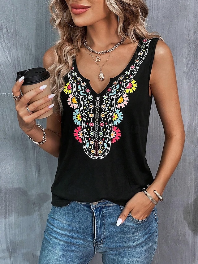  Dame Camisole Tank Top Blomstret Grafisk Paisly Stilfull Fritid Ermeløs V-hals Vanlige topper Daglig Trykt mønster Svart Sommer