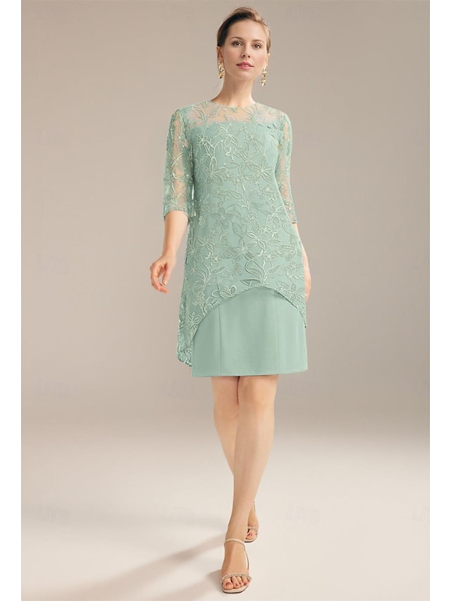  A-Linien-Kleid für die Mutter der Braut, elegant, zierlich, U-Ausschnitt, knielang, Chiffon, halbe Ärmel, mit Falten, einfarbig, 2025
