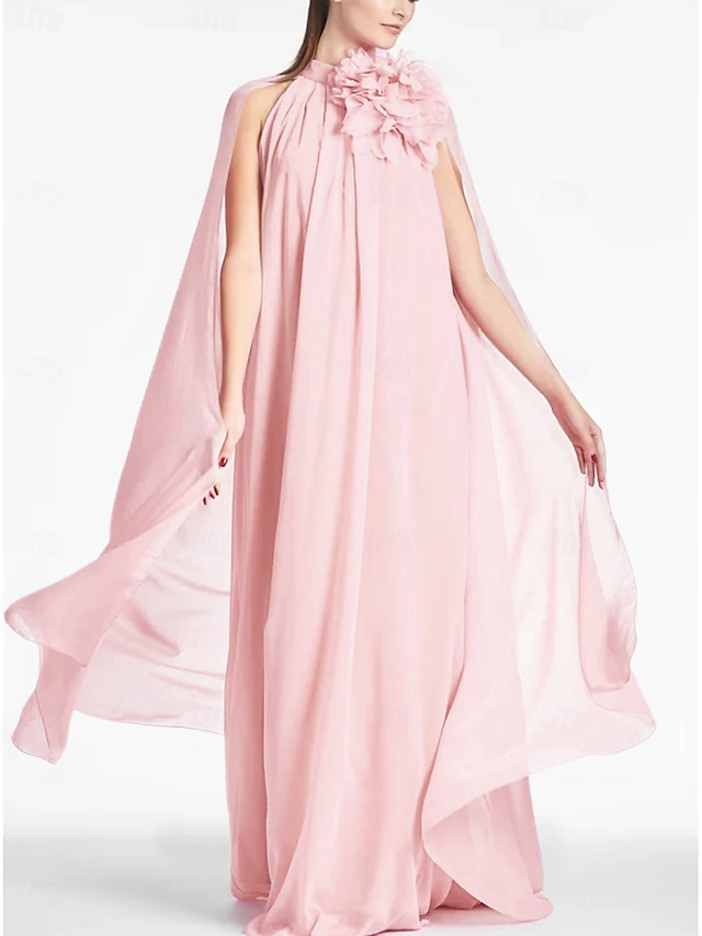 Beach Wedding A-Line Evening Gown Elegant Dress Formal Prom Floor Length Sleeveless Jewel Neck Chiffon with Shouder Flower 9