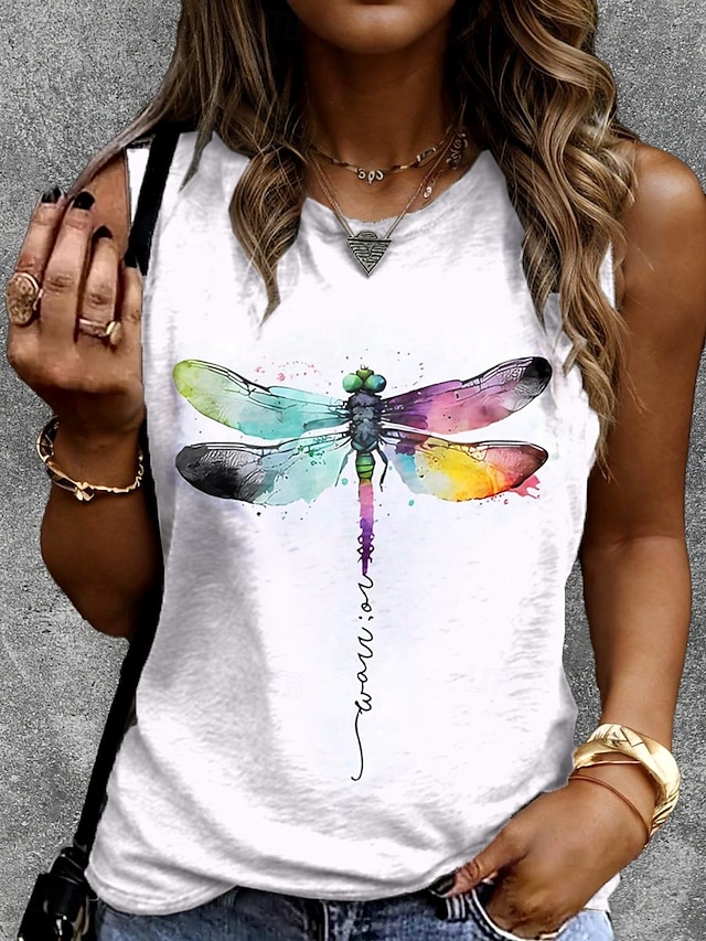  Camiseta Top Femenino Mariposa Letra Estilo Casual Sin Mangas Cuello Redondo Tops Regulares Diarios Impresión Blanco Verano