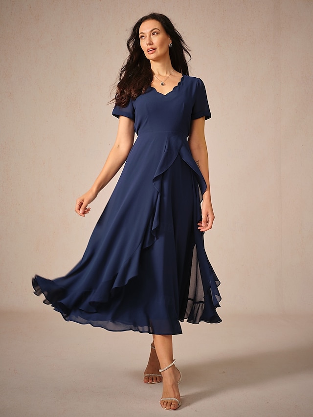  Damen Maxidress A Linie Kleid Elegant Ausgefallene Hochzeit kleid hochzeitsgast Lockere Passform Feste Farbe Kurzarm Asymmetrisch V Ausschnitt Marineblau Sommer Frühling