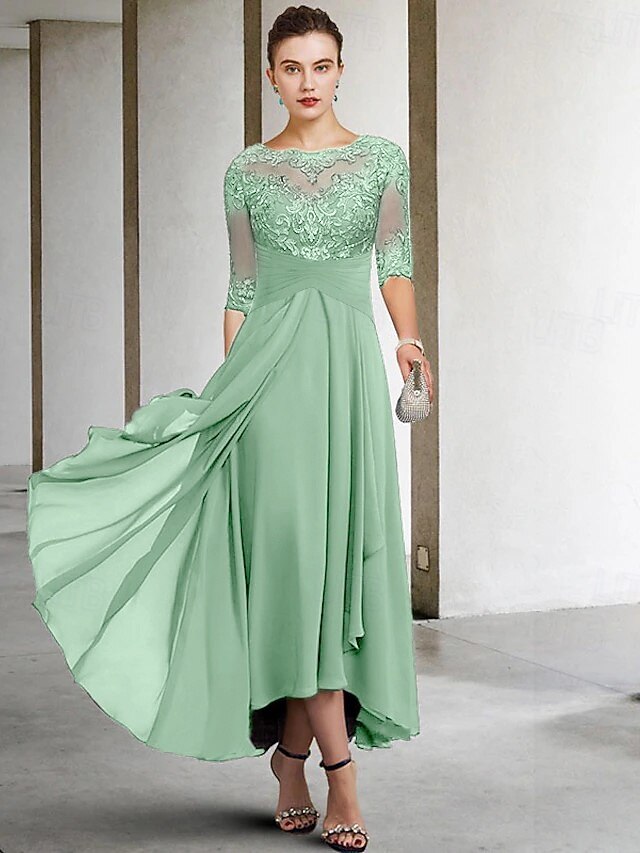 A-Line Mother of the Bride Dress Wedding Guest Vintage Formal Elegant Half Sleeve Satin Scoop Neck Tea Length with Pleats Crystals