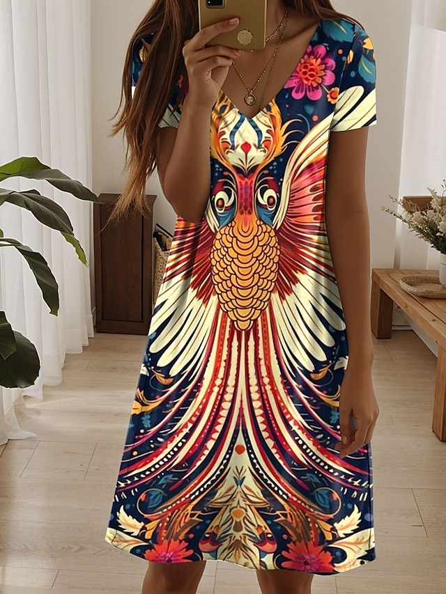  Damen Mini Kleid A Linie Kleid T-Shirt Kleid Tee Kleid Lässig Urlaub Täglich Reguläre Passform Floral Grafik Paisley Kurzarm V-Ausschnitt Marineblau Sommer Frühling