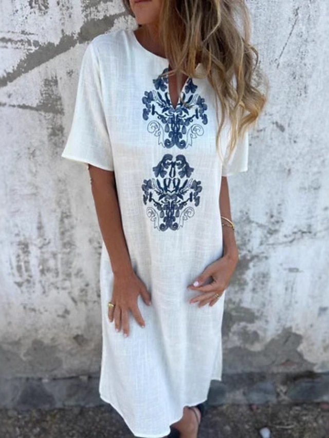  Vestido Maxi Feminino Vestido Shift Vestido de Verão Casual Diário Ajuste Regular Floral Manga Curta Gola Corte Notch Branca Amarela Rosa Vermelha Verão
