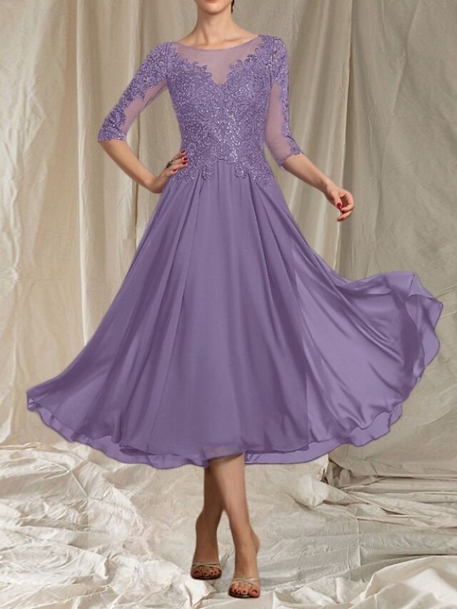  Robe de mère de la mariée en A-Line pour invitée de mariage col rond élégant longueur thé chiffon tulle manches demi-longues avec perles appliqués robe midi