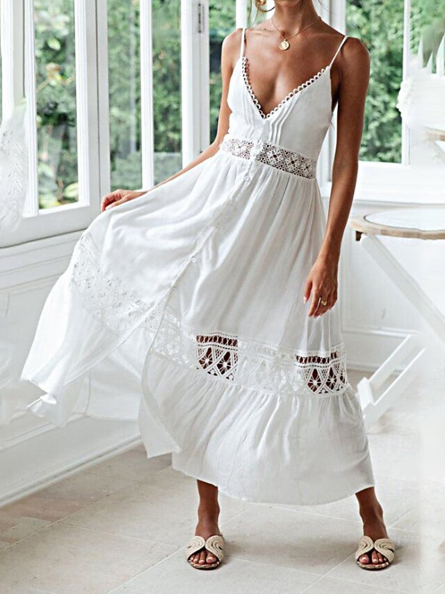 Per donna Abito Midi Abito in cotone e lino Abito Sottoveste Abito Boho Essenziale Classico Moderno Vacanza Ferie Uscire Vestibilità regolare Semplice Senza Maniche Spalline sottili Bianco Estate