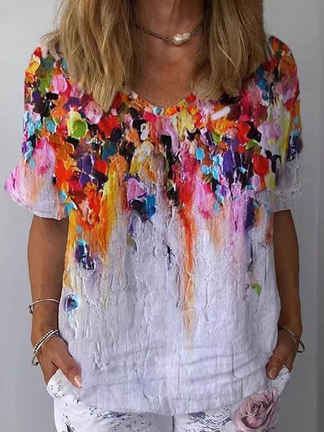  Women's Shirt Floral Daily Stylish Casual Short Sleeve Crew Neck Regular Tops Daily Holiday Beach Wear Print White Yellow Red Purple Summer Spring