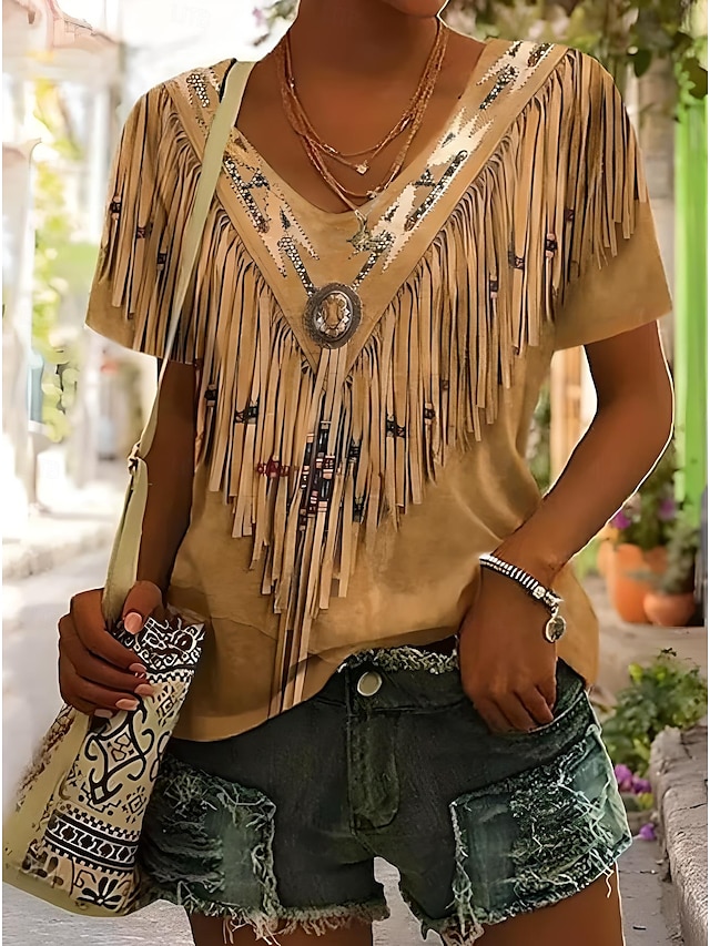  T Shirt da donna Grafica Bohemia Vintage Western Manica Corta V Neck Top Regolari Da Indossare Quotidiano Spiaggia Vacanze Stampa Rossa Blu Verde Khaki Estate Primavera