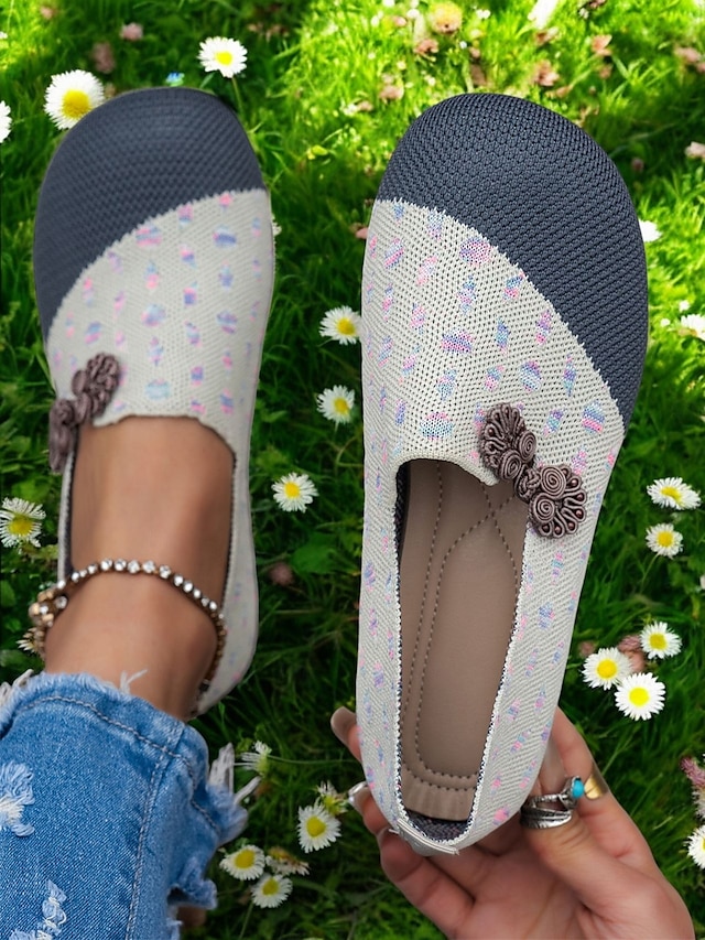  női kontraszt színű flyknit széles szabású felbújós lapos - légáteresztő, könnyű alkalmi mezítlábas cipő virágos díszítéssel