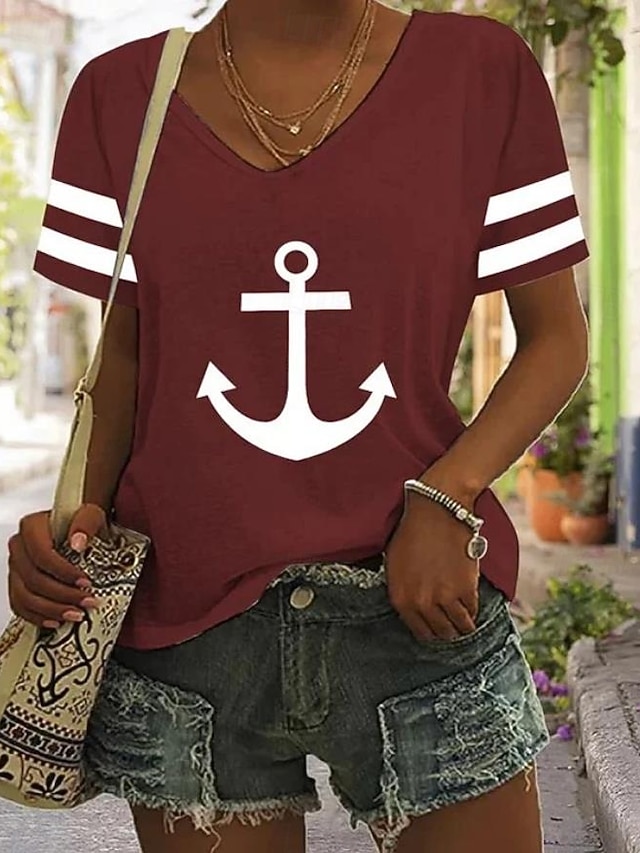  Women's T Shirt Ocean Striped Casual Short Sleeve V Neck Regular Tops Daily Going out Weekend Print Black White Red Blue Green Summer