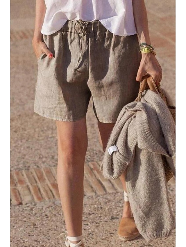  Dam Shorts i bomullslinne Shorts Byxor Streetwear Ledigt Kort Naturlig Slät Ficka Mateial som andas Mjuk Bekväm Microelastisk Ledigt Dagliga kläder Grå Svart Vit Kaki Sommar Normal