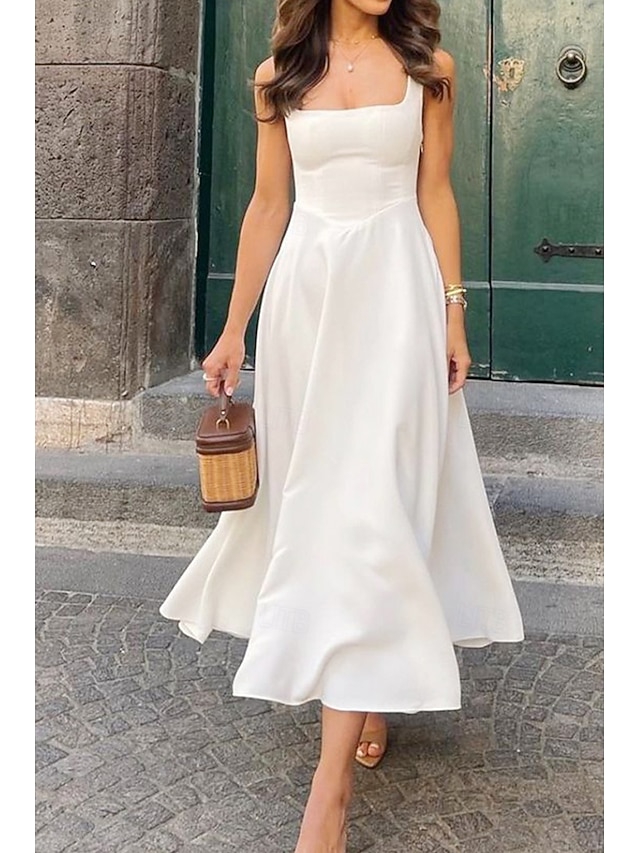  Femmes Robe Midi Robe Blanche Robe de remise des diplômes Robe Nuisette Mode Anniversaire Remise des Diplômes Date Coupe régulière Uni Sans manches Bretelles spaghetti Noir Blanche Été