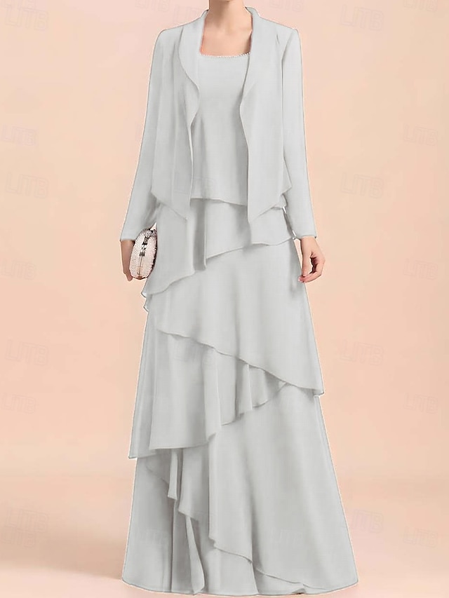  Abito A-Line 3 Pezzi per la madre della sposa Abito formale Elegante Vintage Semplice Girocollo Lunghezza fino al pavimento Chiffon Senza maniche Giacca con perline