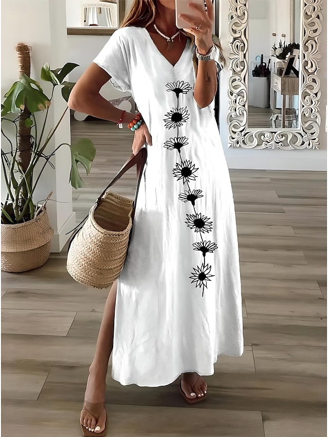 Women's Maxi Dress A Line Dress Vacation Casual Beach Vacation Daily Going out Regular Fit Floral Graphic Short Sleeve V Neck White Spring Fall