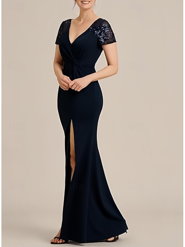  Sirène / Trompette Robes pour invités de mariage Élégant Robe robe demoiselle d honneur Longueur au sol Manche Courte Col en V Invité de mariage d'automne Dentelle avec Froncé Fente 2025