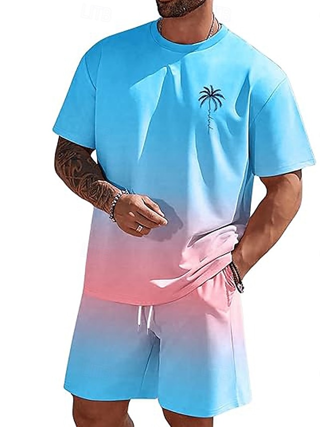  Herr Nyans Palmträd 2st T-shirts uppsättningar Summer Tops Kortärmad Korta byxor Rund hals Strandsemester Sport Dagligen Utekväll 3D-utskrift Sommar Vit Blå Grön