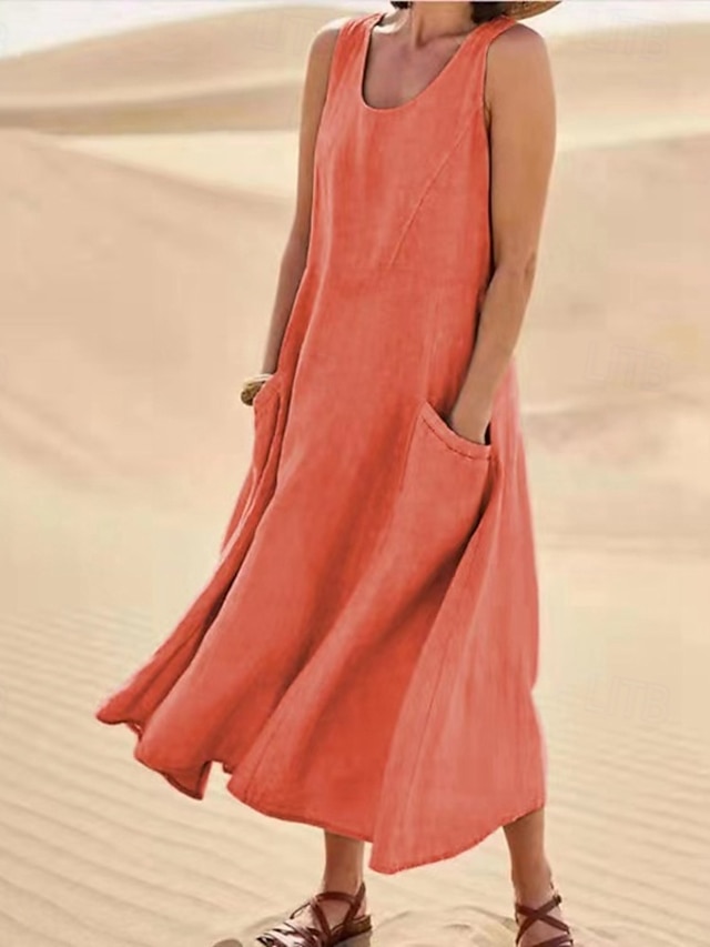  Femmes Robe Midi Robes en coton et lin Robe en coton et lin Mode Classique Vacances Sortir Week-end Coupe régulière Uni Sans manches Col ras du cou Blanche Rose Claire Orange Kaki Été