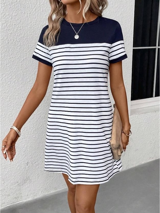  Kobieta Mini Sukienka Casual Sukienka T-Shirt Sukienka Tee Sukienka Sukienka Lato Elegancka Stylowa Formalna Wakacje Praca Casual Regularne Dopasowanie Graficzne Pasek Krótki Rękaw Okrągły Dekolt