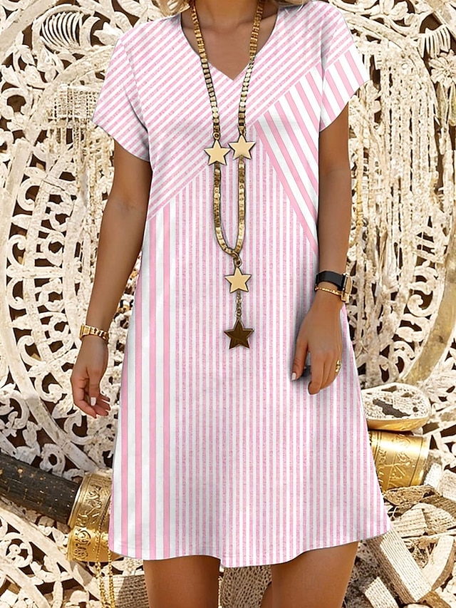 Damen Mini Kleid A-Linien Kleid Lässiges Kleid Sommerkleid Stilvoll Lässig Täglich Regelmäßige Passform Grafik Streifen Kurzarm V-Ausschnitt Pink Blau Grau Sommer Frühling