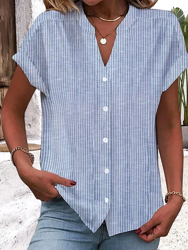 Women's Blouse V Neck Button Down Blouse Graphic Striped Vintage Stylish Ethnic Short Sleeve Notched Neck Regular Tops Daily Buttons Print Light Blue Summer Spring4